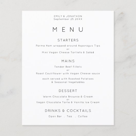 PAPIER | Einfaches Schwarz-weißes Hochzeitmenü (Vorne)