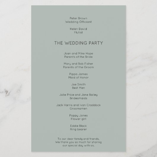 PAPIER | Einfaches Silvery Sage Green Wedding Prog (Hinten)