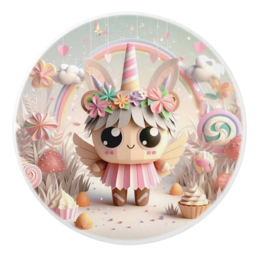 Papier Einhorn (Niedlich Origami) Keramikknauf (Vorderseite)