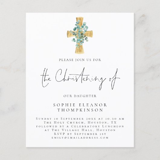 PAPIER | Eucalyptus Cross Script Christening Einla (Vorne)