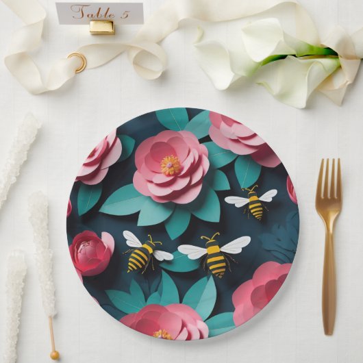 Papier geschnitten rosa Kamelien und Bienen Marine Pappteller (Hochzeit)