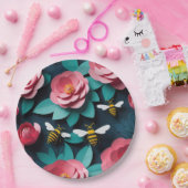 Papier geschnitten rosa Kamelien und Bienen Marine Pappteller (Party)