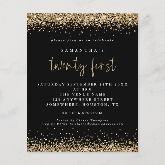 PAPIER | Gold Glitzer 21. Schwarze Party Einladung (Vorne)