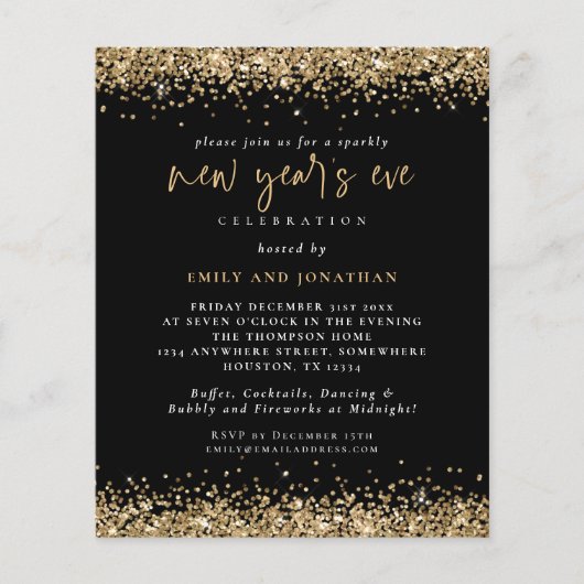 PAPIER | Gold Glitzer Silvester Black Invite (Vorne)