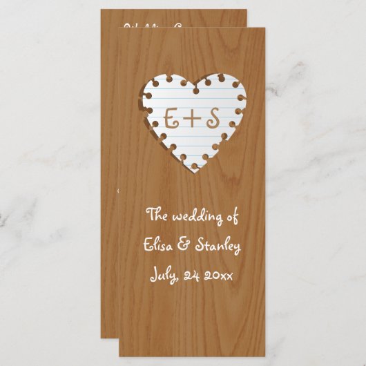 Papier Herz auf Holz Hochzeitsprogramm Programm (Vorne/Hinten)