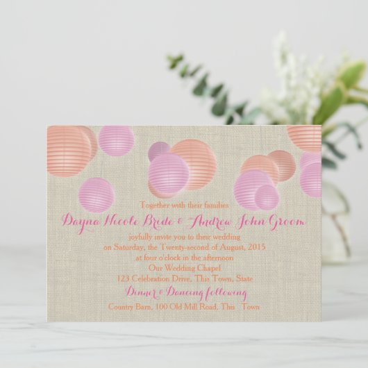 Papier Laternen Korallenrosa Rustikale Hochzeit Einladung (Stehend Vorderseite)