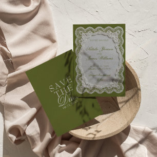 Papier Olivgrün Spitze Doily Old Money Hochzeit Save The Date