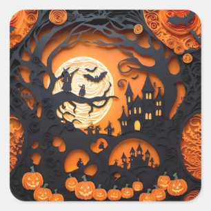 Papier-Schnitt Halloween-Szene Quadratischer Aufkleber