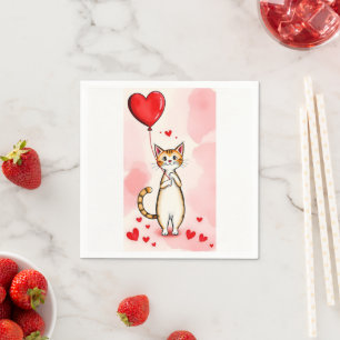 Papier-Servietten Valentinstag Katze Rote Herzen Serviette