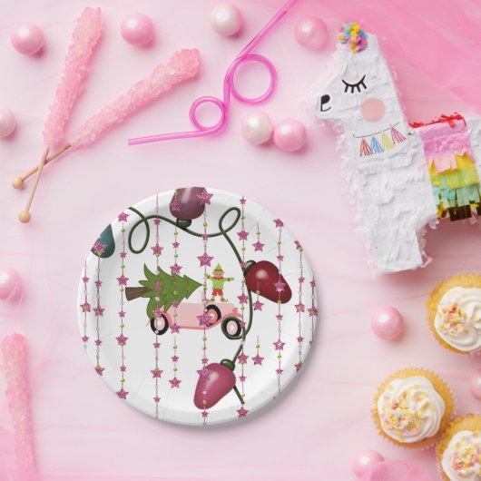 Papier Teller, frohe Weihnachten Pink Auto Elf Pappteller (Party)