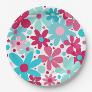 Papier-Teller mit blauen und rosa funkelnden Blume Pappteller