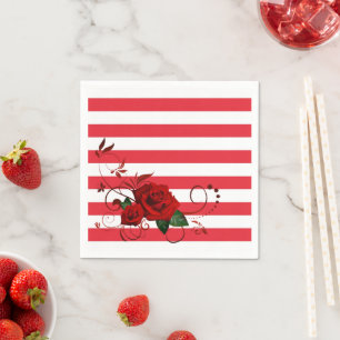 Papier-Tücher, Rot-Weiß gestreifte florale rote Ro Serviette