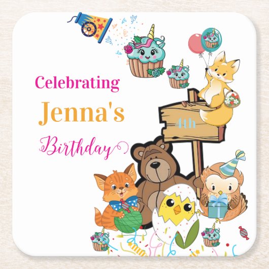Papier Untersetzer Happy Birthday Fox Bear Küken K (Vorderseite)