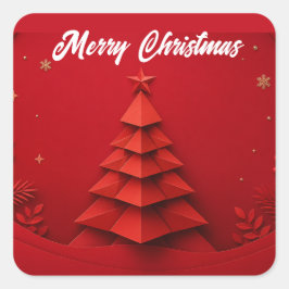 Papier-Weihnachtsbaum roter Hintergrund Quadratischer Aufkleber
