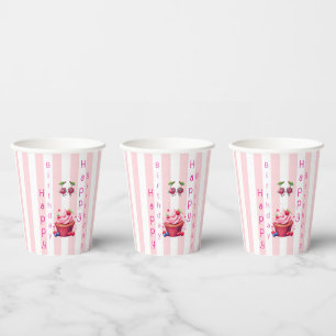 Papierbecher Rosa & Weiß gestreift Geburtstag
