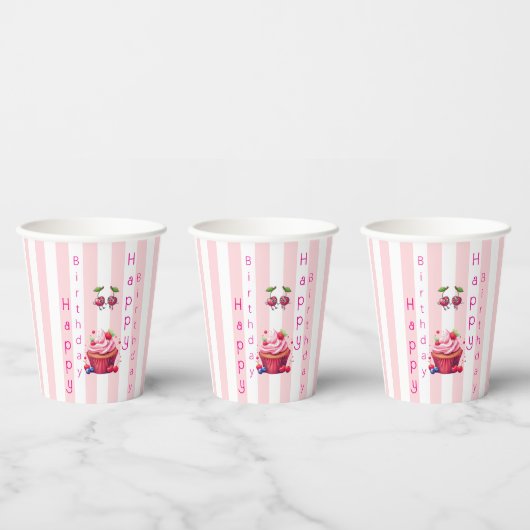 Papierbecher Rosa & Weiß gestreift Geburtstag (Multi)