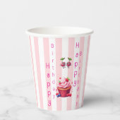 Papierbecher Rosa & Weiß gestreift Geburtstag (Vorderseite)