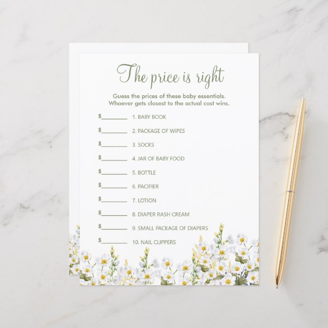 Papierblatt des Babyduschspiels. (Vorderseite/Rückseite Beispiel)