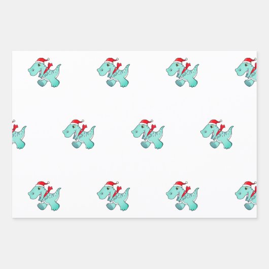 Papierblatt Set Dinosaurier in Weihnachtsmannmütze Geschenkpapier Set (Vorderseite 2)