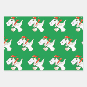 Papierblatt Set Dinosaurier in Weihnachtsmannmütze Geschenkpapier Set