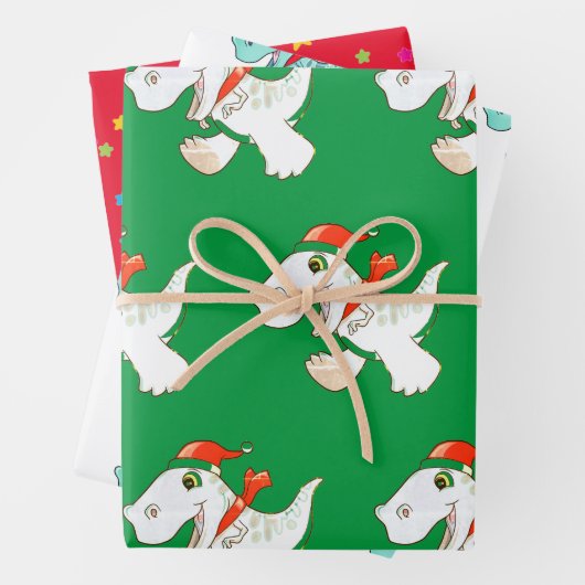 Papierblatt Set Dinosaurier in Weihnachtsmannmütze Geschenkpapier Set (Beispiel)