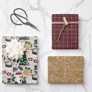Papierblätter aus Gold, Holly und Kakao Geschenkpapier Set