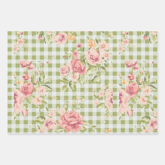 Papierblätter aus rosa und grünem Blumenmuster Geschenkpapier Set (Vorderseite 3)