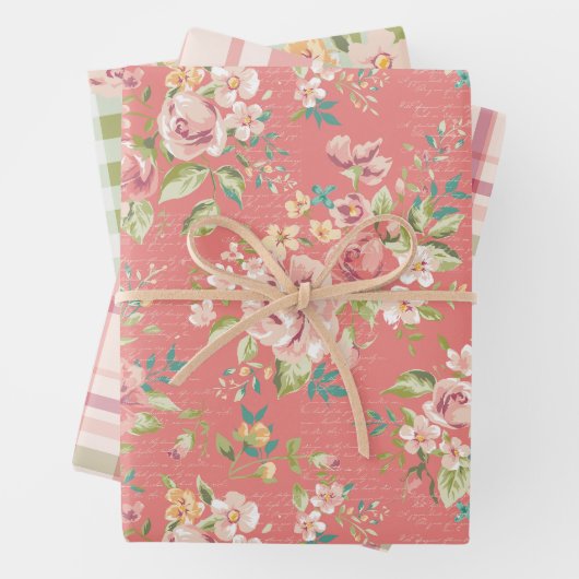 Papierblätter aus rosa und grünem Blumenmuster Geschenkpapier Set (Beispiel)