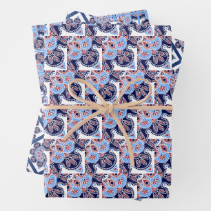 Papierblätter, blau gefliest, Set 3 Geschenkpapier Set