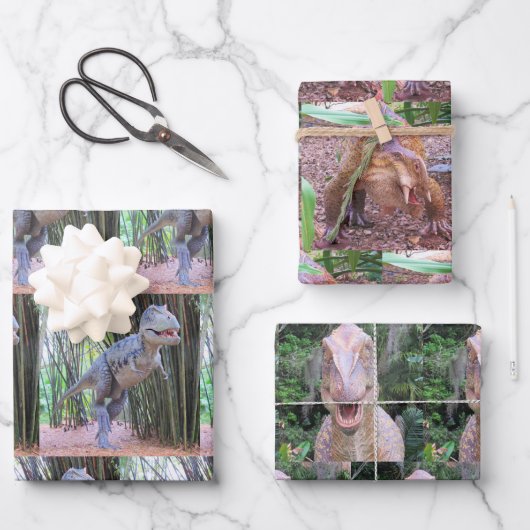 Papierblätter für Dinosaurier - 3 Designs Geschenkpapier Set (Vorderseite)