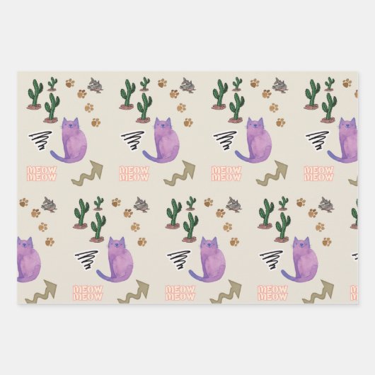 Papierblätter Katzenfisch Kakteen Meow Geschenkpapier Set (Vorderseite)