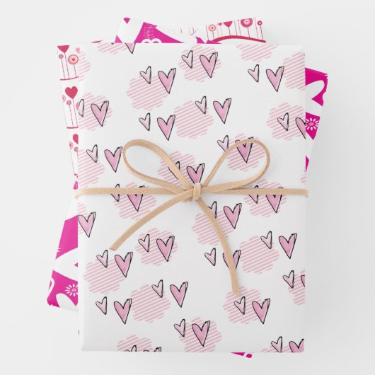 Papierblätter umhüllen Valentinins rosa rote Herze Geschenkpapier Set (Beispiel)