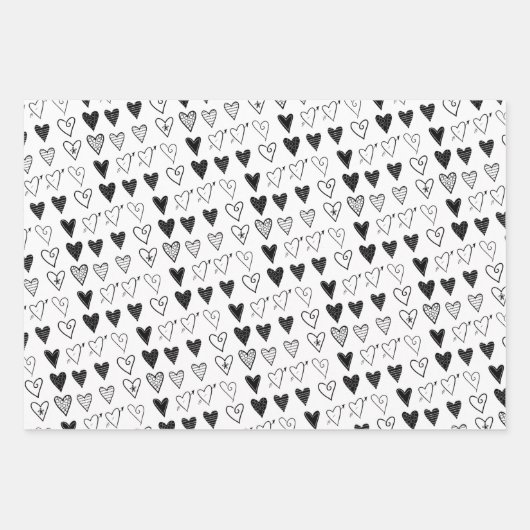 Papierblätter umhüllen Valentinins schwarze Herzen Geschenkpapier Set (Vorderseite)