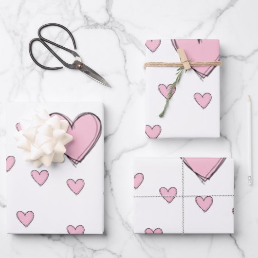 Papierblätter umhüllen Valentins rosa Herzen Geschenkpapier Set (Vorderseite)