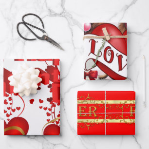 Papierblätter umhüllen Valentins rote Herzen Geschenkpapier Set
