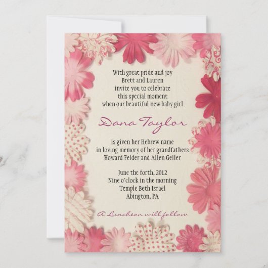 PapierBlumen-jüdisches Baby, das Einladung (Vorderseite)