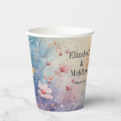 Papiercup mit Aquarellfarben-Blume + Namen + Datum Pappbecher (Vorderseite)