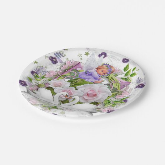 Papiere, Teller, Lila Blume von Angel, Blütenblätt Pappteller (Schrägansicht)