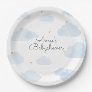 Papieren bordje babyshower lichtblauwe wolken pappteller