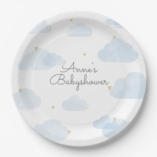 Papieren bordje babyshower lichtblauwe wolken pappteller (Vorderseite)