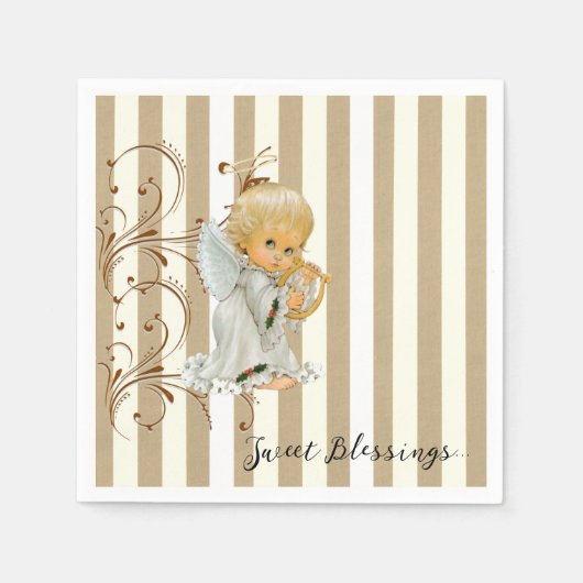 Papieren Napkins, Beige und Weißer Streifen Engel Serviette (Vorderseite)