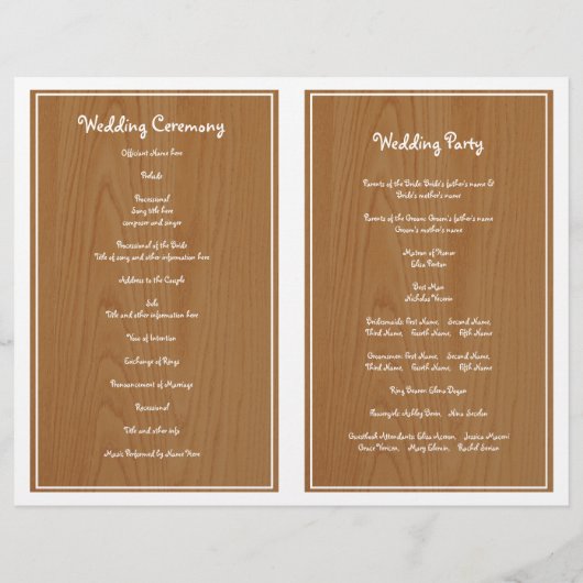 Papierherz auf gefaltetem Holz Hochzeitsprogramm (Rückseite)