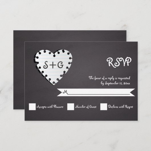 Papierherz auf Kalkboard & Monogramm Hochzeit RSVP (Vorne/Hinten)