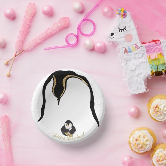 Papierhüllen "Gold Pinguin Baby & Mommy" Pappteller (Party)
