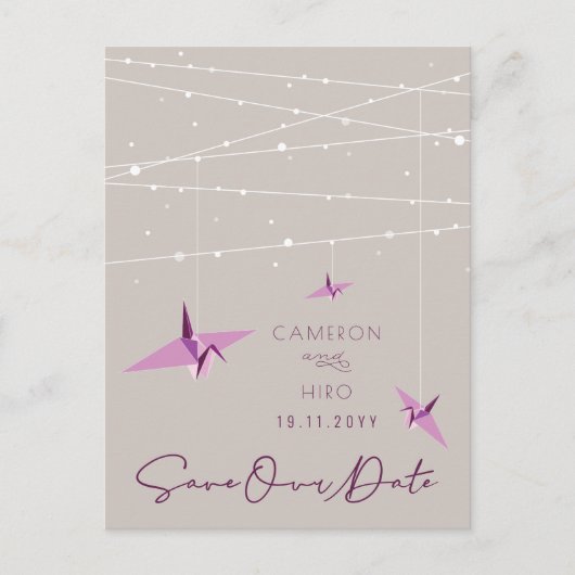 Papierkran-Lampen zum Hochzeitsfeiern speichern da Ankündigungspostkarte (Vorderseite)