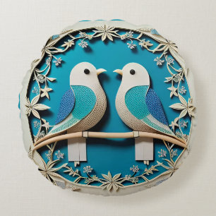 Papierkunst zweier Vögel mit floralen Motiven Rundes Kissen