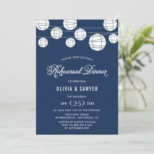 Papierlaternen | Einladung zum Abendessen mit blau (Stehend Vorderseite)