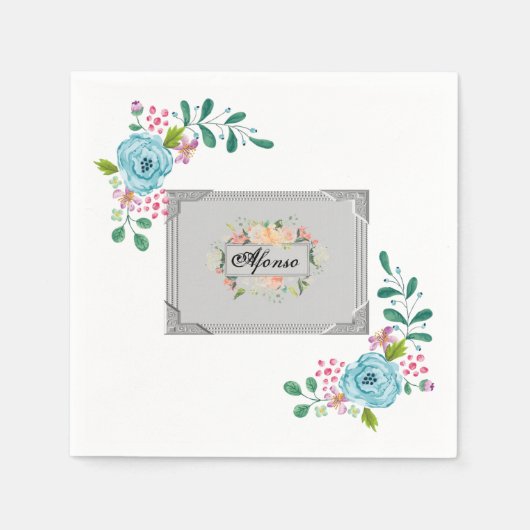 PapierNapkins, graue Monogramm-Blume Serviette (Vorderseite)