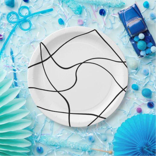 Papierplatte "abstrakte Linien" - Schwarzweiss Pappteller (Party)