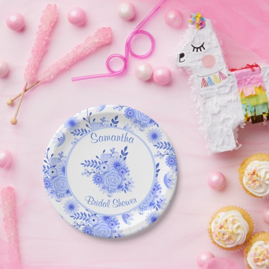 Papierplatte aus blauem und weißem Brautparty Pappteller (Party)